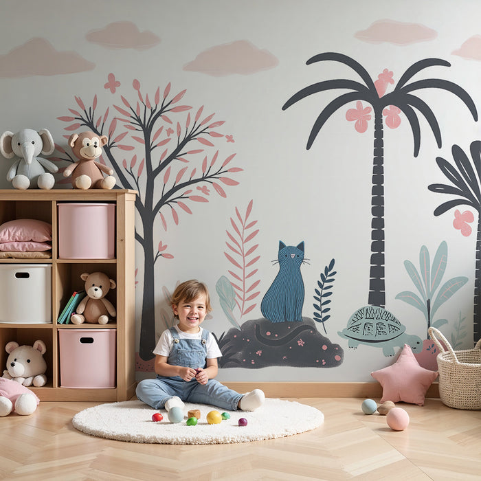 Lastenhuoneen tapetti | Vaalea viidakkoteema eksoottisilla eläimillä