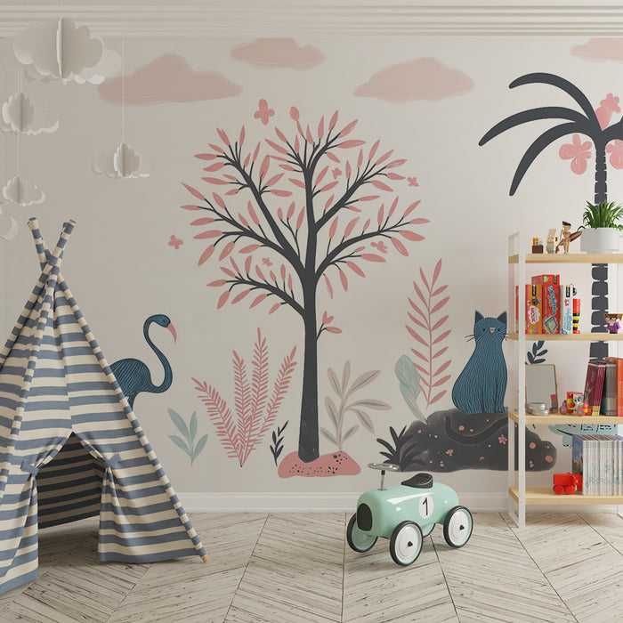 Lastenhuoneen tapetti | Vaalea viidakkoteema eksoottisilla eläimillä