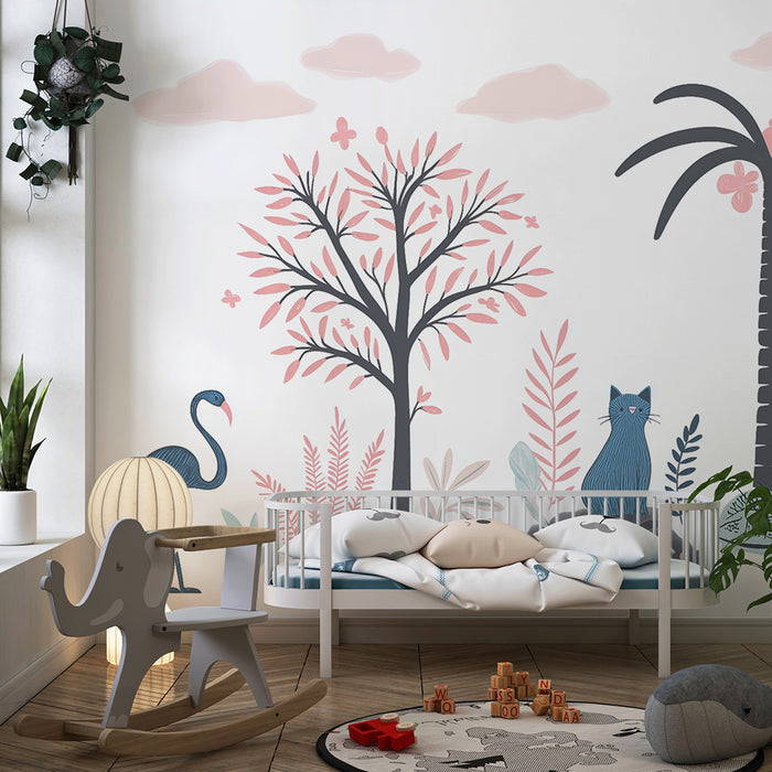 Lastenhuoneen tapetti | Vaalea viidakkoteema eksoottisilla eläimillä