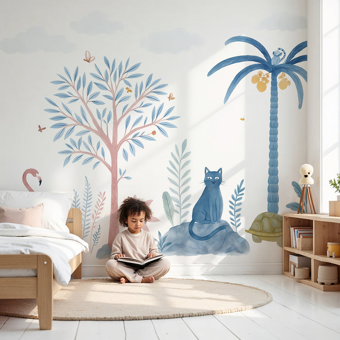 Papel pintado infantil | Jungla pastel y animales exóticos