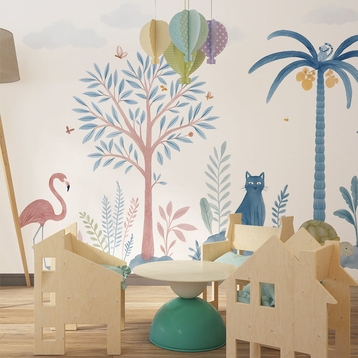 Papel pintado infantil | Jungla pastel y animales exóticos