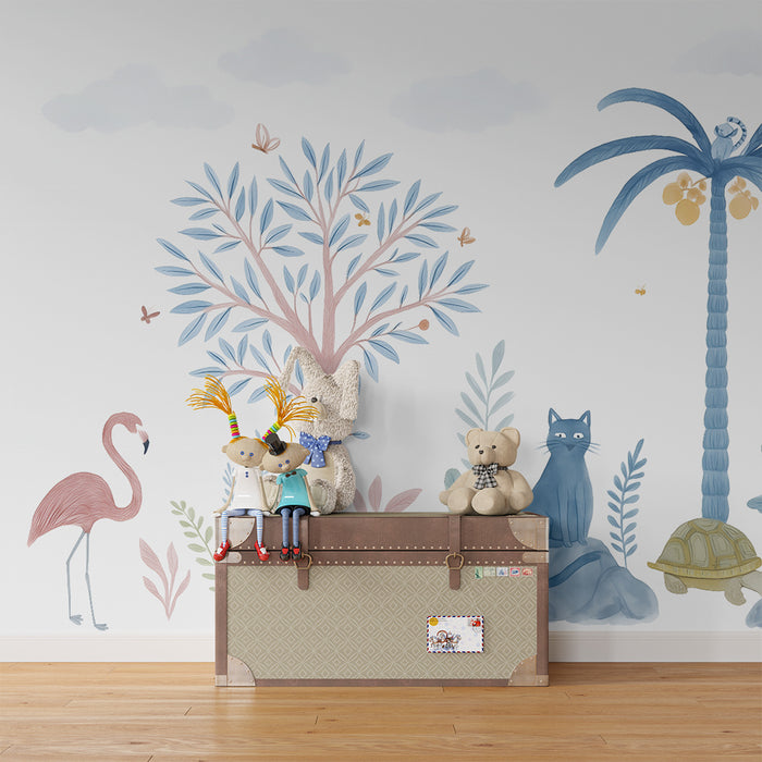 Papel pintado infantil | Jungla pastel y animales exóticos