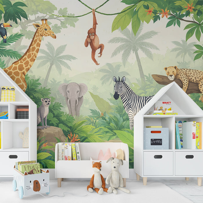 Papier peint chambre enfant | Safari exotique et animaux de la jungle