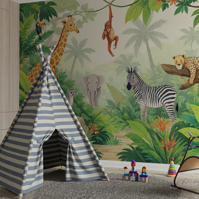Papier peint chambre enfant | Safari exotique et animaux de la jungle