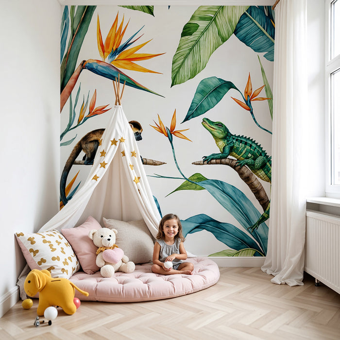 Jungle behang | Tropische aquarel met aap en hagedis