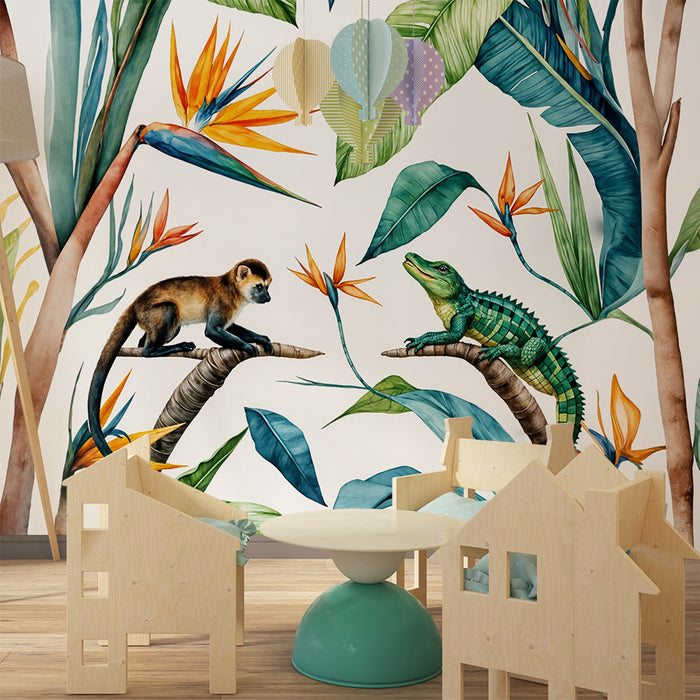 Jungle behang | Tropische aquarel met aap en hagedis