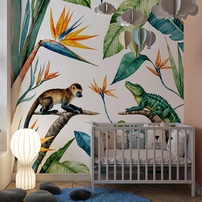 Jungle behang | Tropische aquarel met aap en hagedis