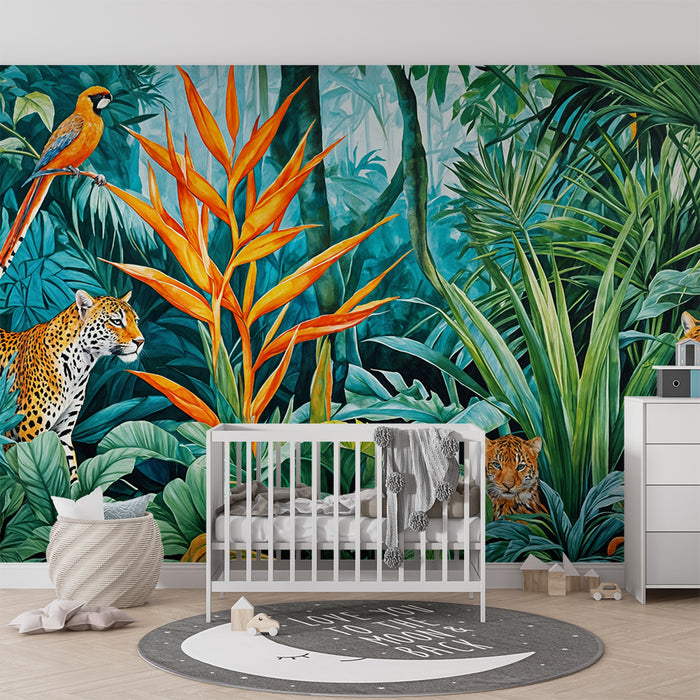 Jungles Exotische Tapete | Lebendige Tiere und Blätter