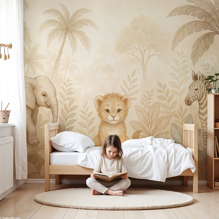 Papier peint animaux de la jungle | Élégance douce pour la chambre d'enfant