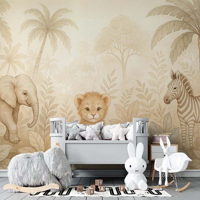 Papier peint animaux de la jungle | Élégance douce pour la chambre d'enfant