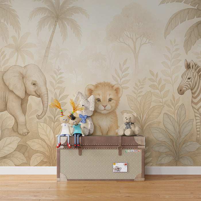 Papier peint animaux de la jungle | Élégance douce pour la chambre d'enfant