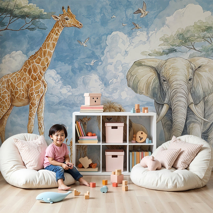 Papier peint savane | Safari avec éléphant et girafe