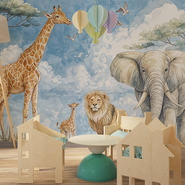 Papier peint savane | Safari avec éléphant et girafe