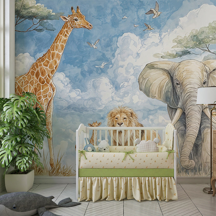 Papier peint savane | Safari avec éléphant et girafe