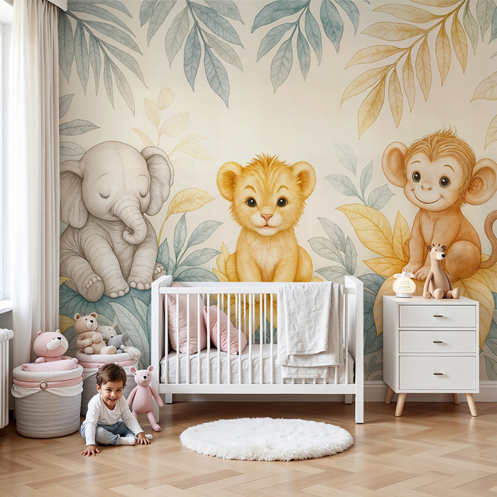 Papel de parede animais da selva | Elefante, filhote de leão e macaco em aquarela