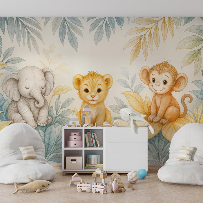 Papel de parede animais da selva | Elefante, filhote de leão e macaco em aquarela