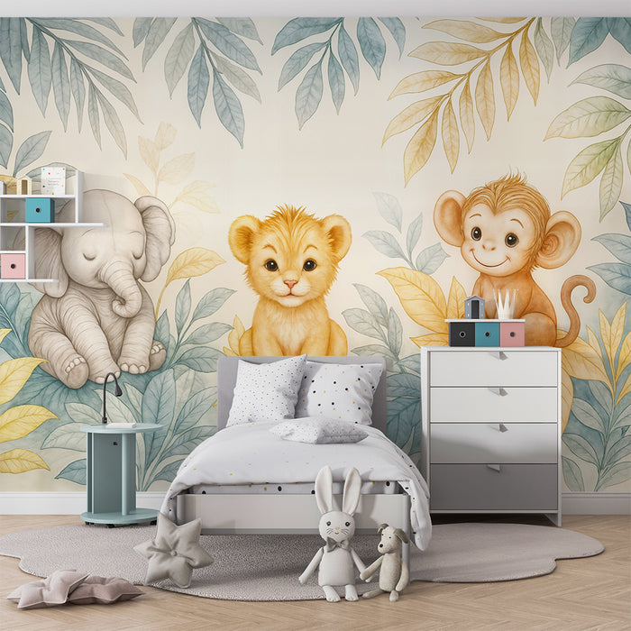 Papel de parede animais da selva | Elefante, filhote de leão e macaco em aquarela