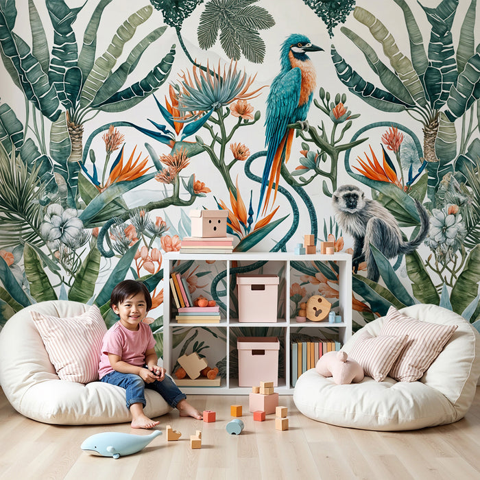 Tropisk tapet med fugle og aber