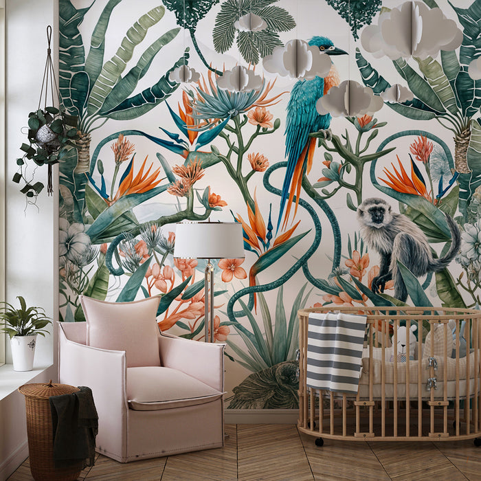 Tropisk tapet med fugle og aber