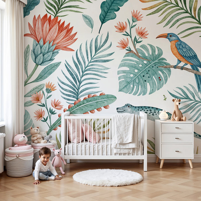 Papier peint tropical | Motifs floraux et animaux exotiques
