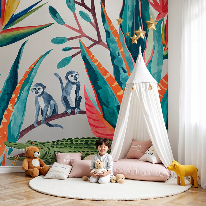 Jungle exotisch behang | Dierenmotieven en levendige bladeren