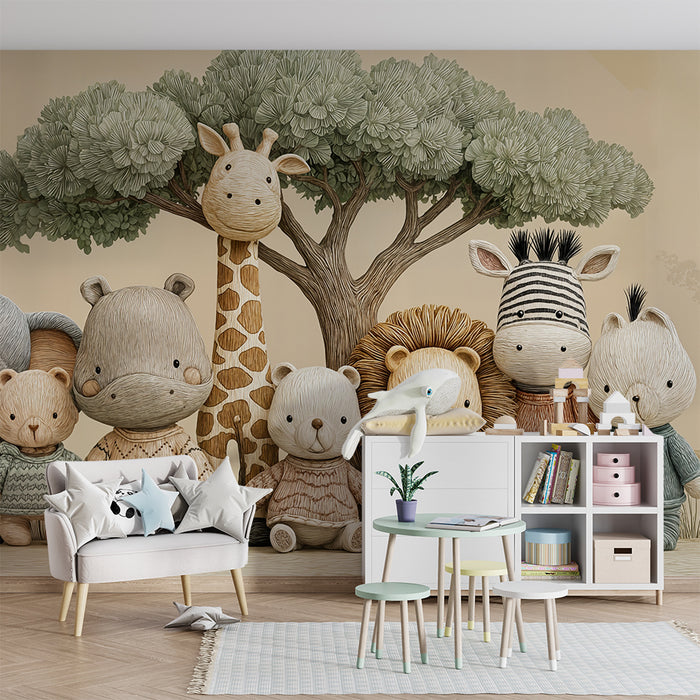 Papier peint Safari Enfant | Adorables animaux en aquarelle