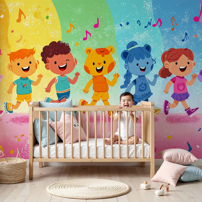 Papier peint arc-en-ciel joyeux | Des enfants et des notes musicales