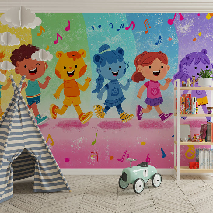 Papier peint arc-en-ciel joyeux | Des enfants et des notes musicales