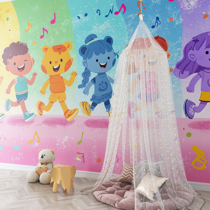 Papier peint arc-en-ciel joyeux | Des enfants et des notes musicales