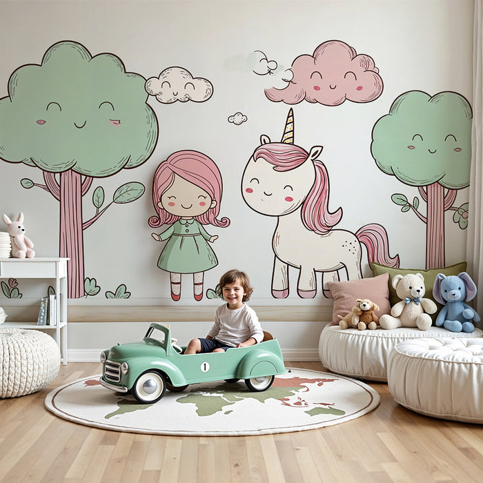 Papel de parede Unicórnio e Menina | Decoração Infantil Pastel