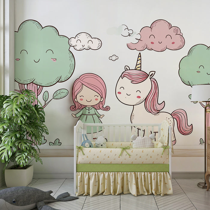 Papel de parede Unicórnio e Menina | Decoração Infantil Pastel