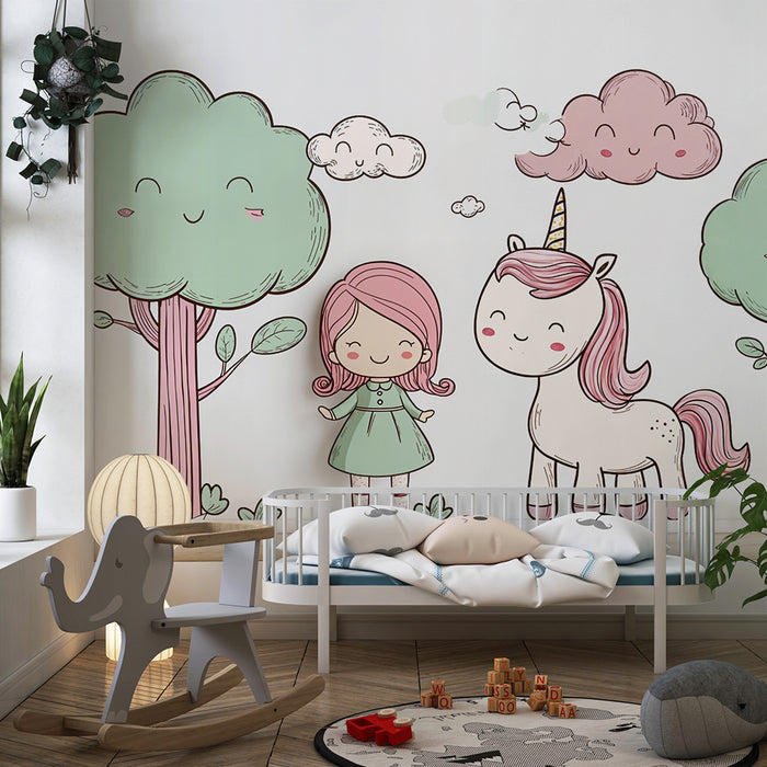 Papel de parede Unicórnio e Menina | Decoração Infantil Pastel