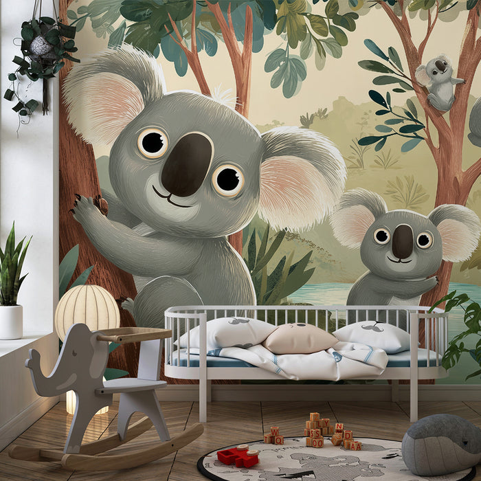 Papier peint chambre enfant | Koalas amusants dans la forêt