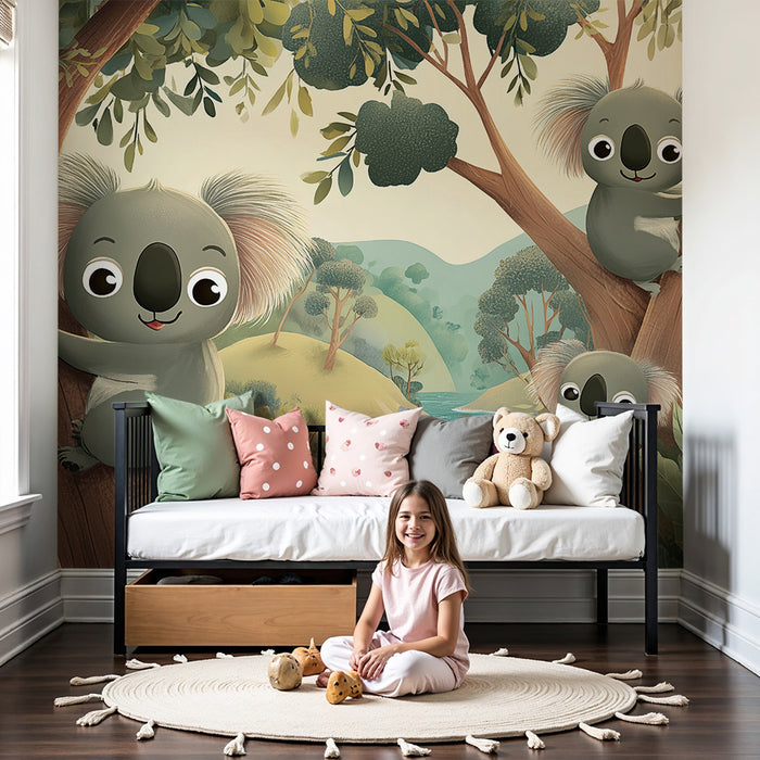 Papier peint chambre enfant | Koalas espiègles dans la forêt