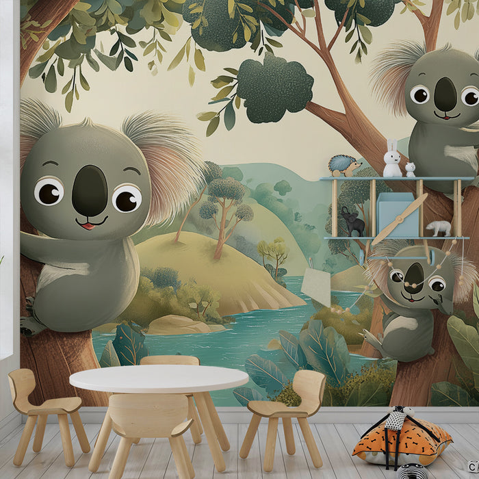 Papier peint chambre enfant | Koalas espiègles dans la forêt