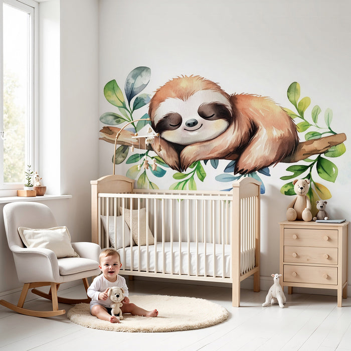 Papel de parede quarto bebê | Preguiça dormindo e folhas aquarela