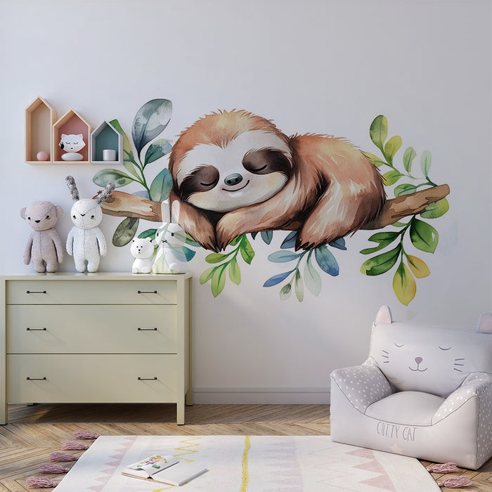 Papel de parede quarto bebê | Preguiça dormindo e folhas aquarela