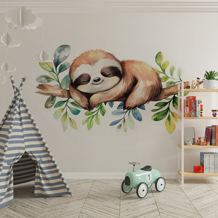 Papel de parede quarto bebê | Preguiça dormindo e folhas aquarela