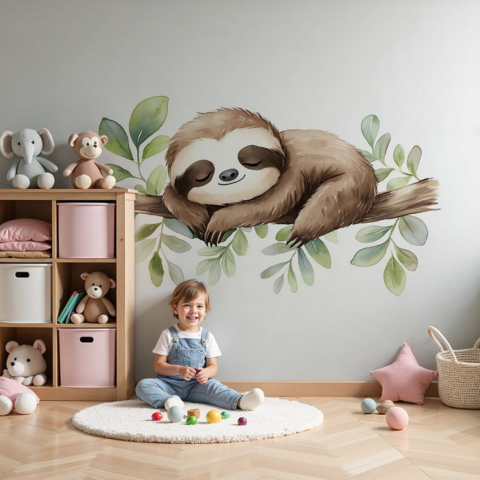 Papel de parede quarto bebê | Preguiçoso dormindo e folhagem suave