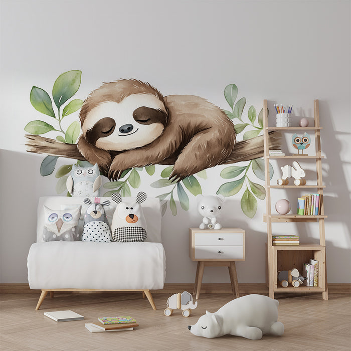 Papel de parede quarto bebê | Preguiçoso dormindo e folhagem suave