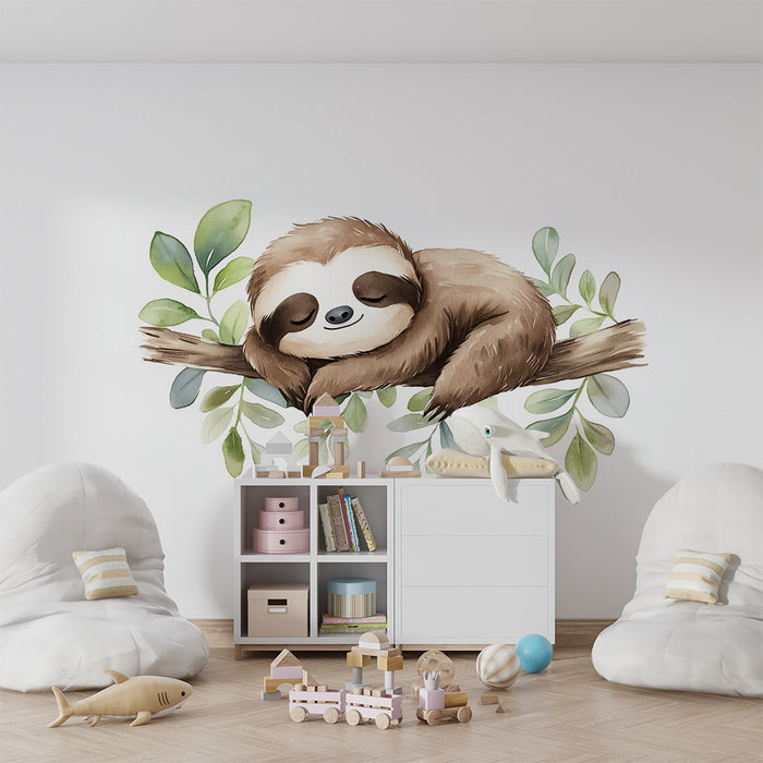 Papel de parede quarto bebê | Preguiçoso dormindo e folhagem suave