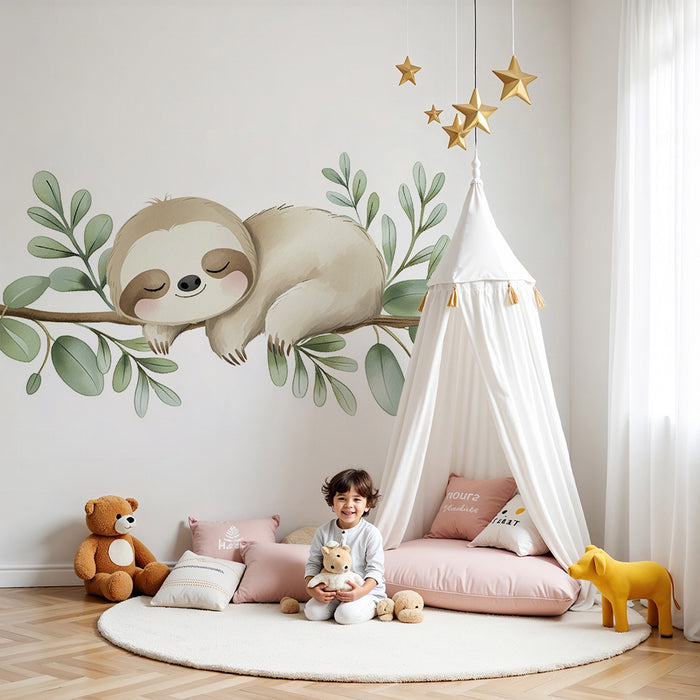 Barntapet | Sovande sloth och mjuka gröna blad