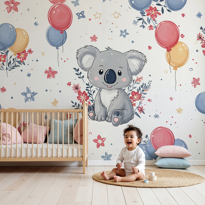 Papier peint koala et ballons | Décoration joyeuse pour chambre d'enfant