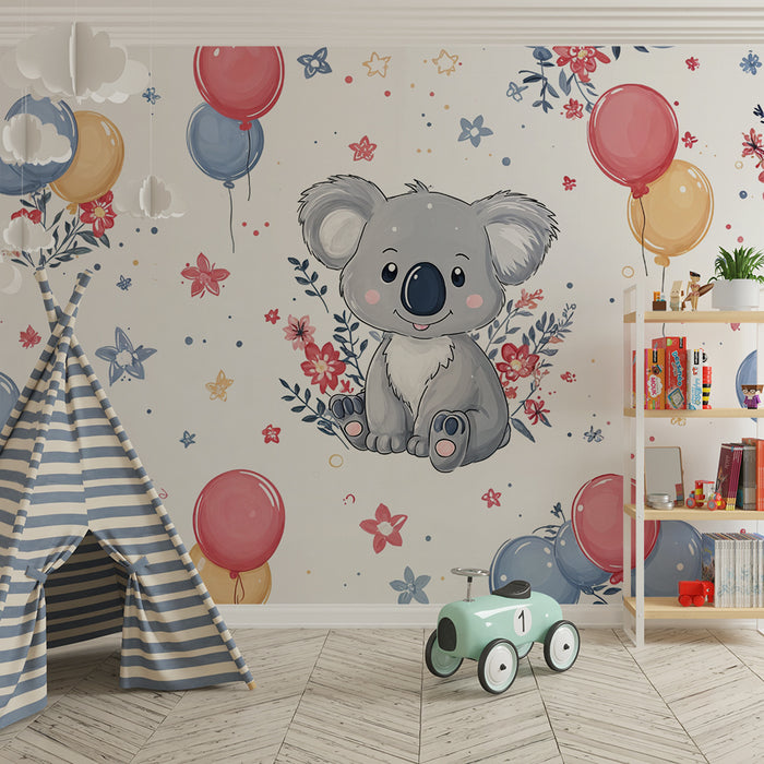 Papier peint koala et ballons | Décoration joyeuse pour chambre d'enfant