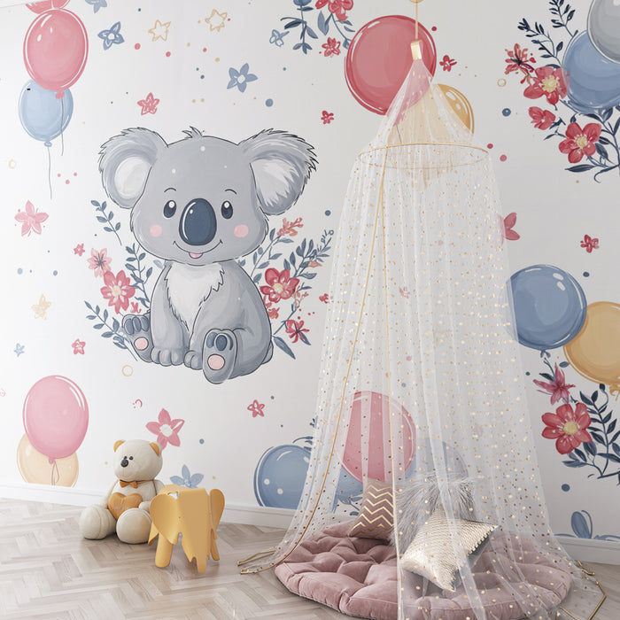 Papier peint koala et ballons | Décoration joyeuse pour chambre d'enfant