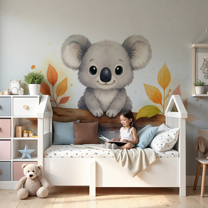 Papier peint chambre enfant | Koala mignon et feuillage automnal