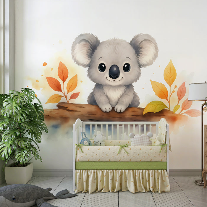 Papier peint chambre enfant | Koala mignon et feuillage automnal