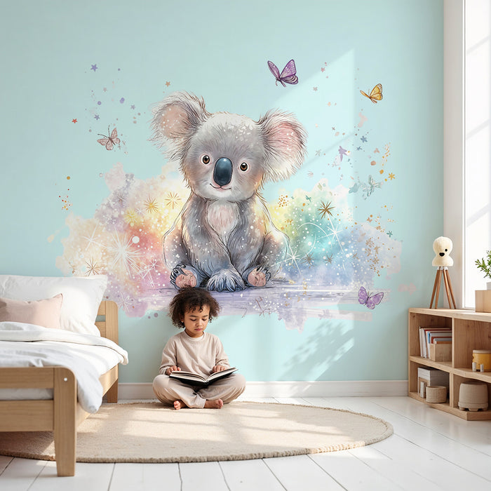 Papier peint koala | Enchantement pastel papillons