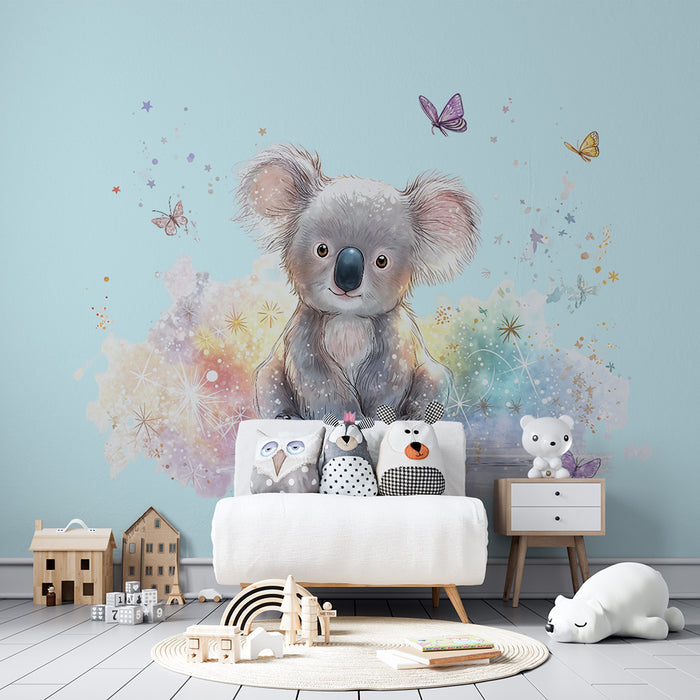 Papier peint koala | Enchantement pastel papillons
