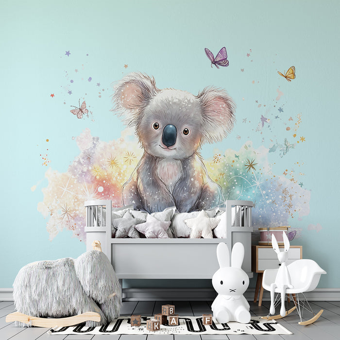 Papier peint koala | Enchantement pastel papillons